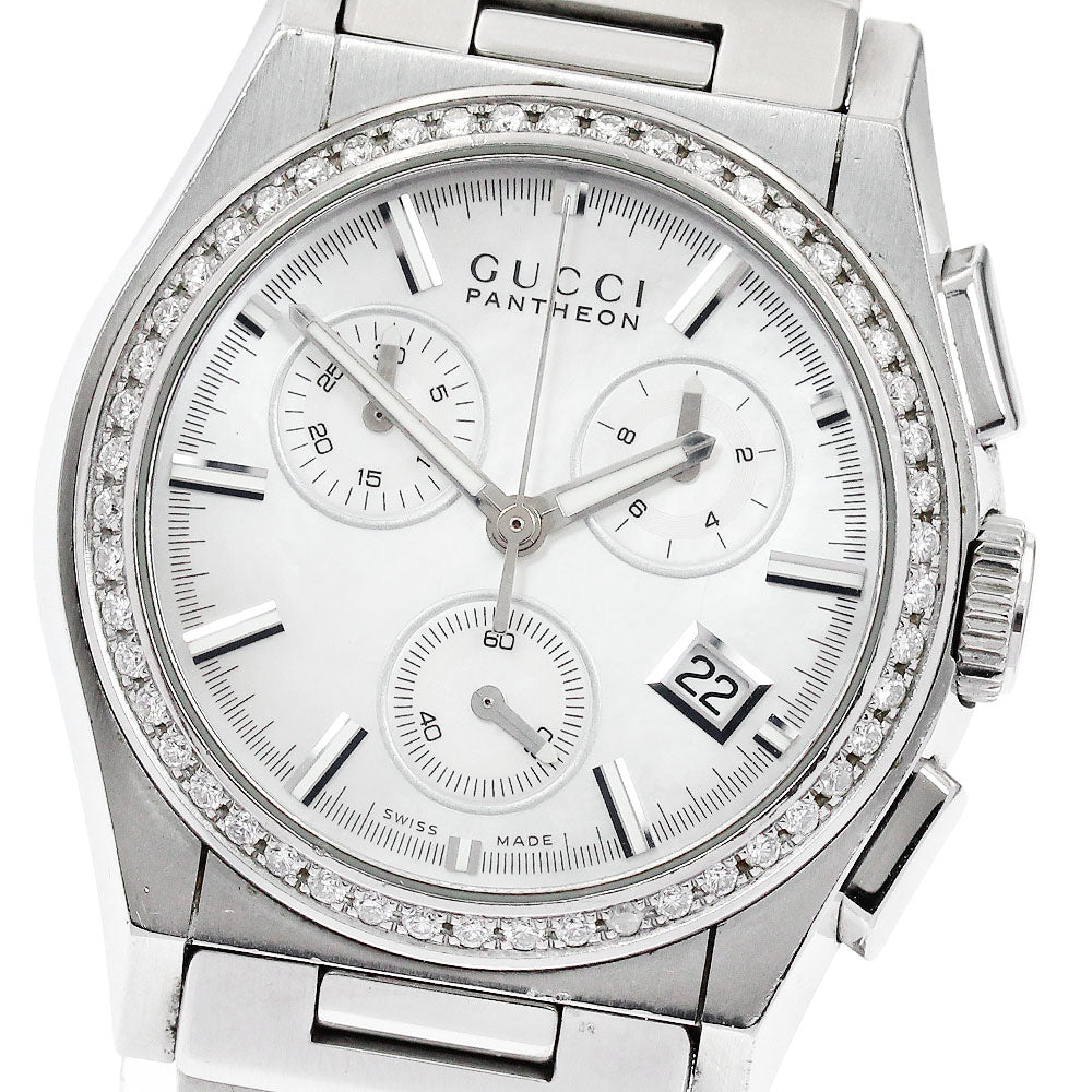 GUCCI Pantheon 115.4/YA115408 chronograph diamond bezel White shell Dial Quartz Boy's Watch_874516