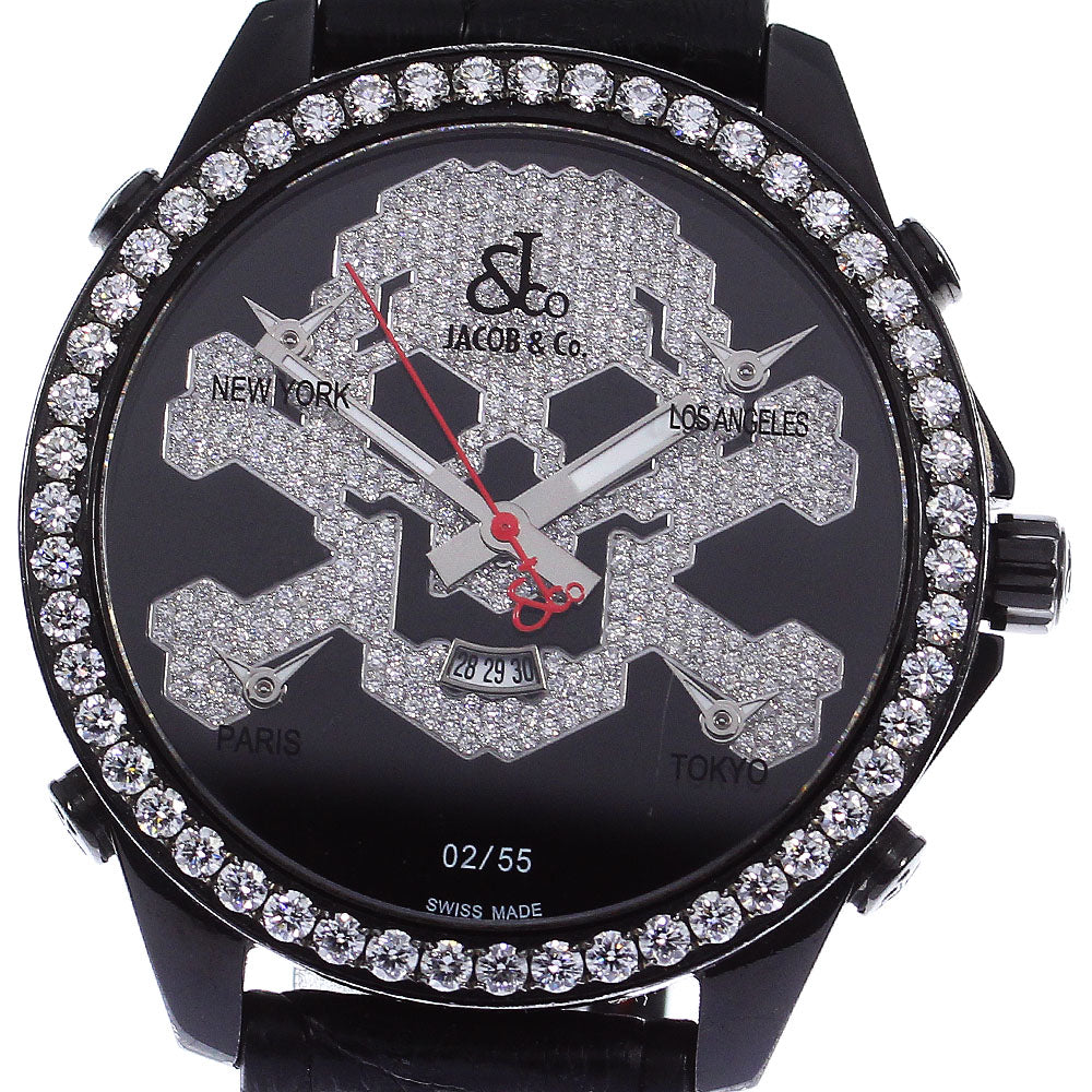 JACOB&CO 5 time zone skull JC-SKULL Limited to 55 diamond bezels black Dial Quartz Men's Watch_460639