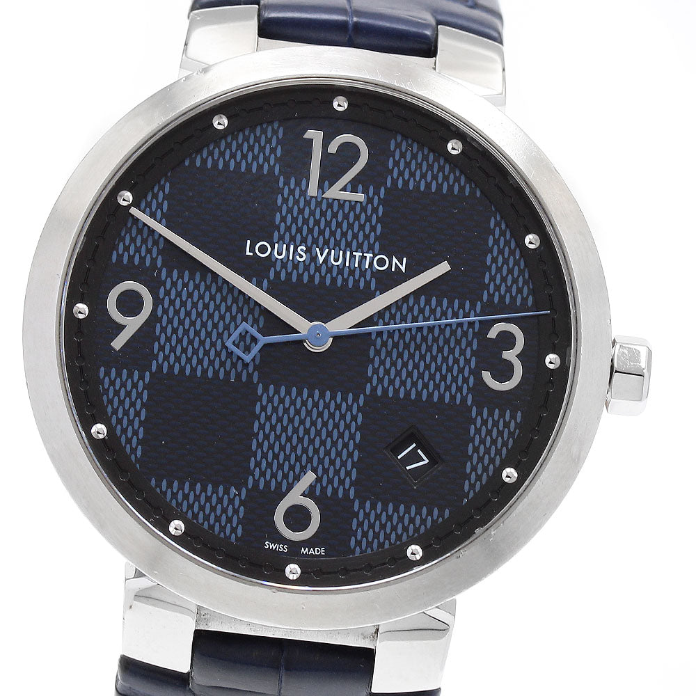 LOUIS VUITTON Tambour QA026 Damier Date Navy blue Dial Quartz Men's Watch_768096