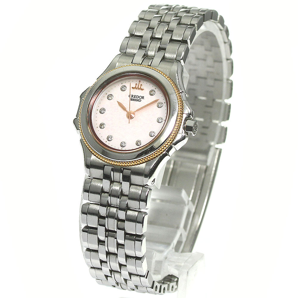 SEIKO CREDOR 4J81-0A50 11P diamond Pink shell Dial Quartz Ladies Watch_769368