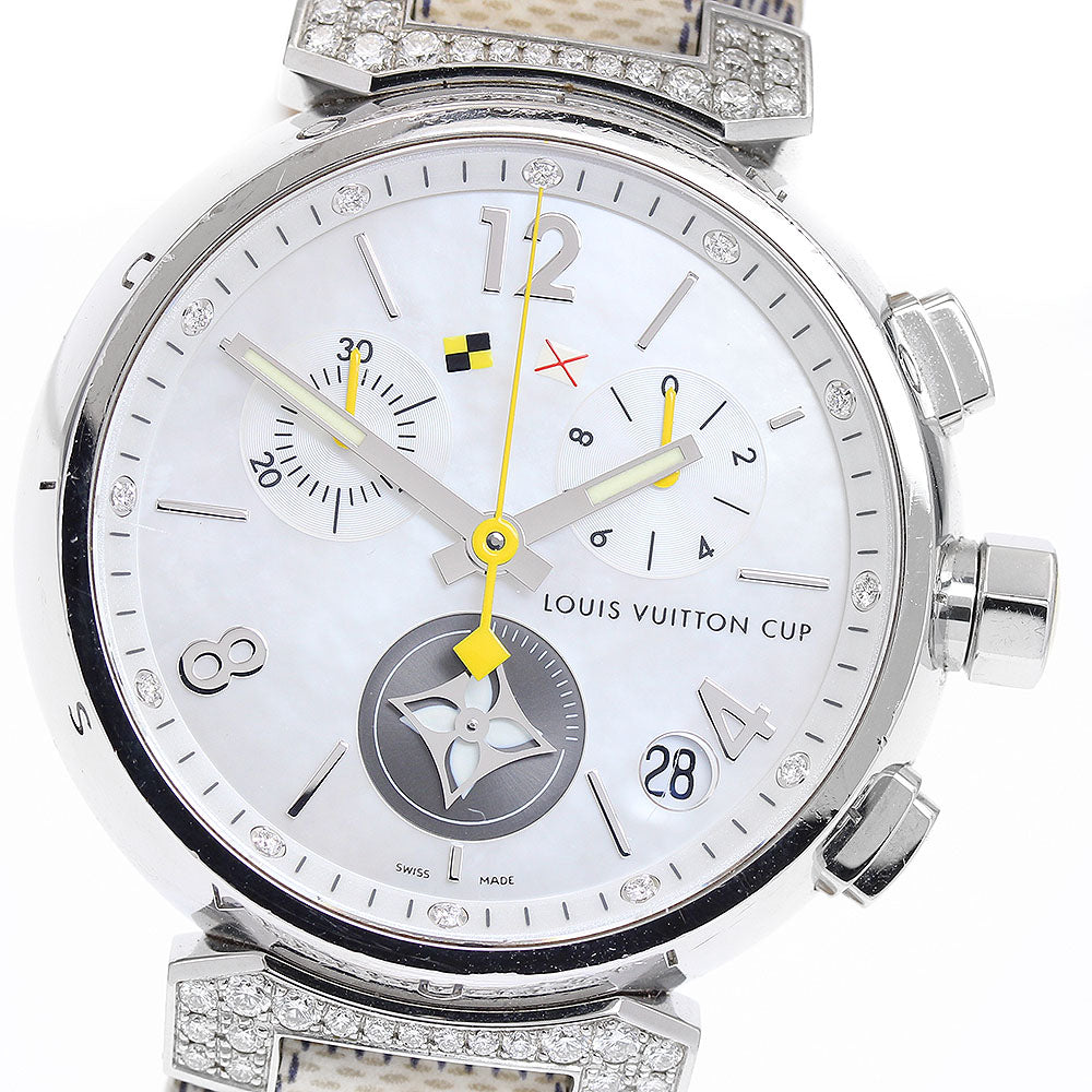 LOUIS VUITTON Tambour Q11BF Lovely Cup 12P Lug Diamond Chronograph White shell Dial Quartz Men's Watch_770641