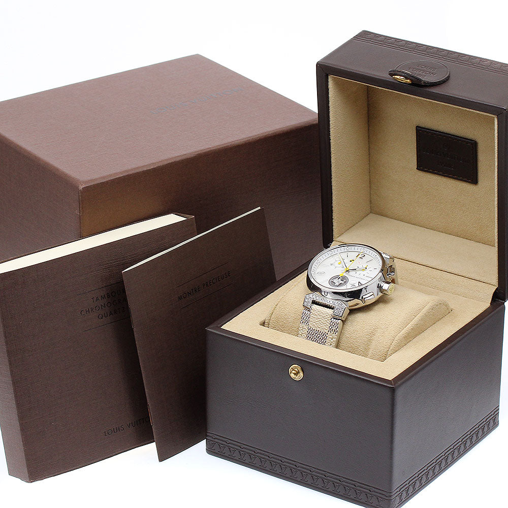 LOUIS VUITTON Tambour Q11BF Lovely Cup 12P Lug Diamond Chronograph White shell Dial Quartz Men's Watch_770641