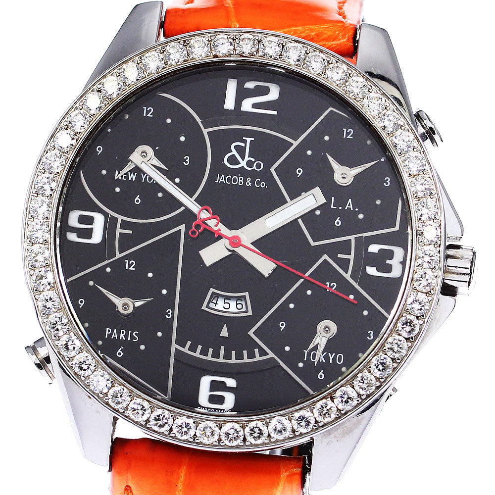 JACOB&CO 5 time zone Diamond Bezel black Dial Quartz Men's Watch_790587