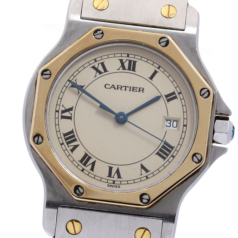 CARTIER Santos Octagon LM W2001583 2 tone Date beige Dial Quartz Men's Watch_827068