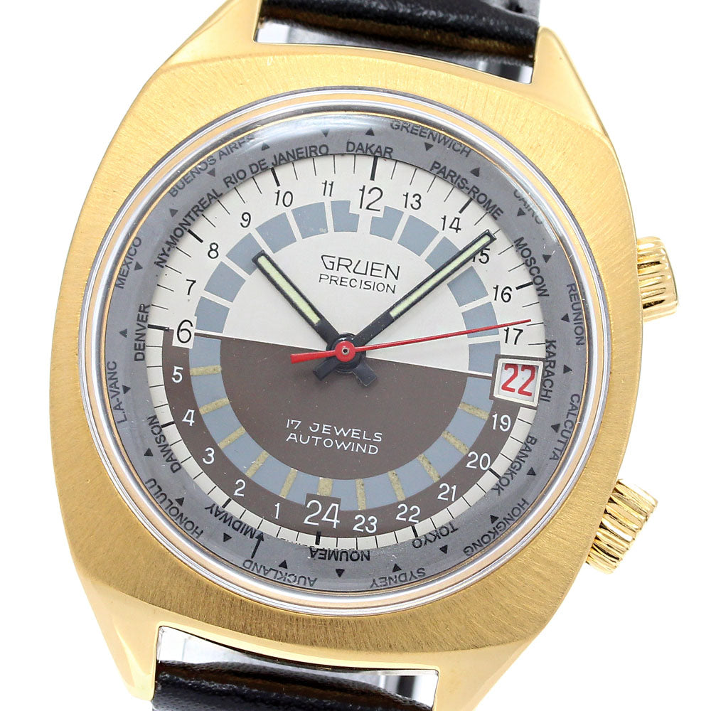 GRUEN Precision 6159-7001 world time vintage Silver / Brown Dial Automatic Men's Watch_834379