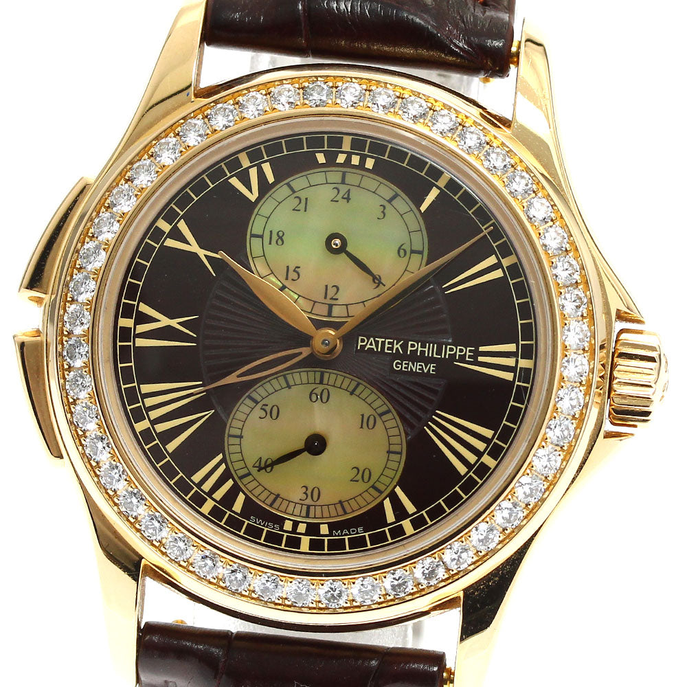PATEK PHILIPPE Calatrava Travel Time 4934R-001 K18PG diamond bezel Brown / shell Dial Hand Winding Ladies Watch_837353