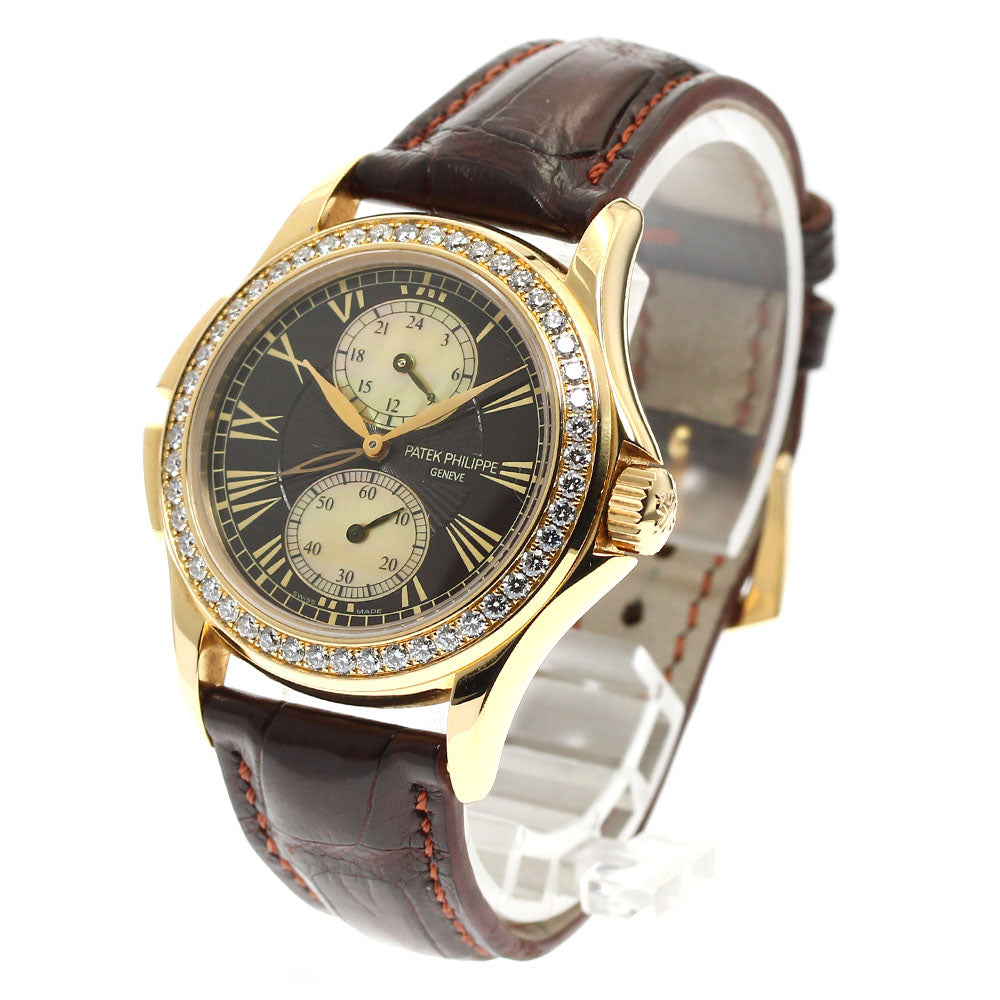 PATEK PHILIPPE Calatrava Travel Time 4934R-001 K18PG diamond bezel Brown / shell Dial Hand Winding Ladies Watch_837353
