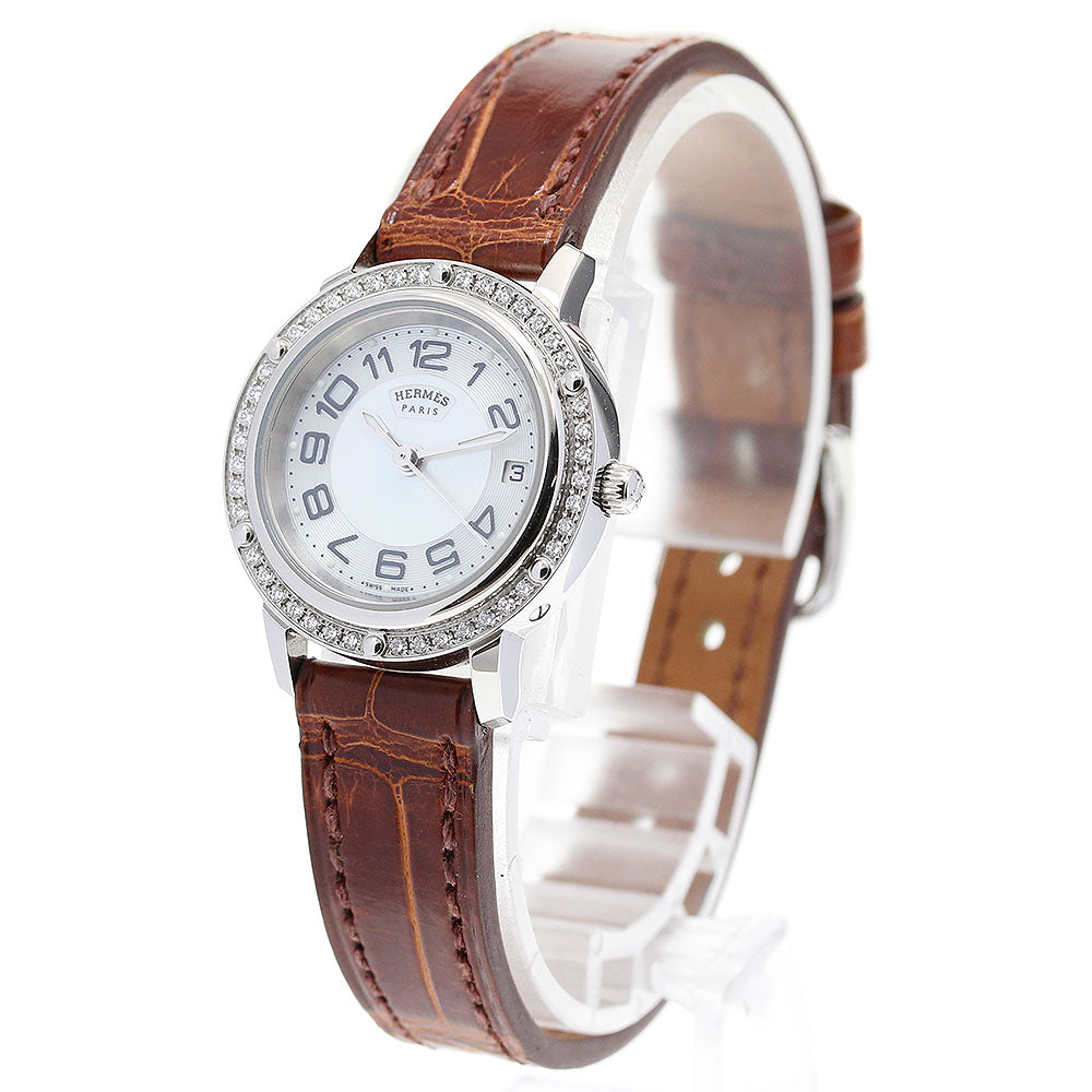 HERMES Clipper CP1.230 Diamond Bezel White shell / Silver Dial Quartz Ladies Watch_838185
