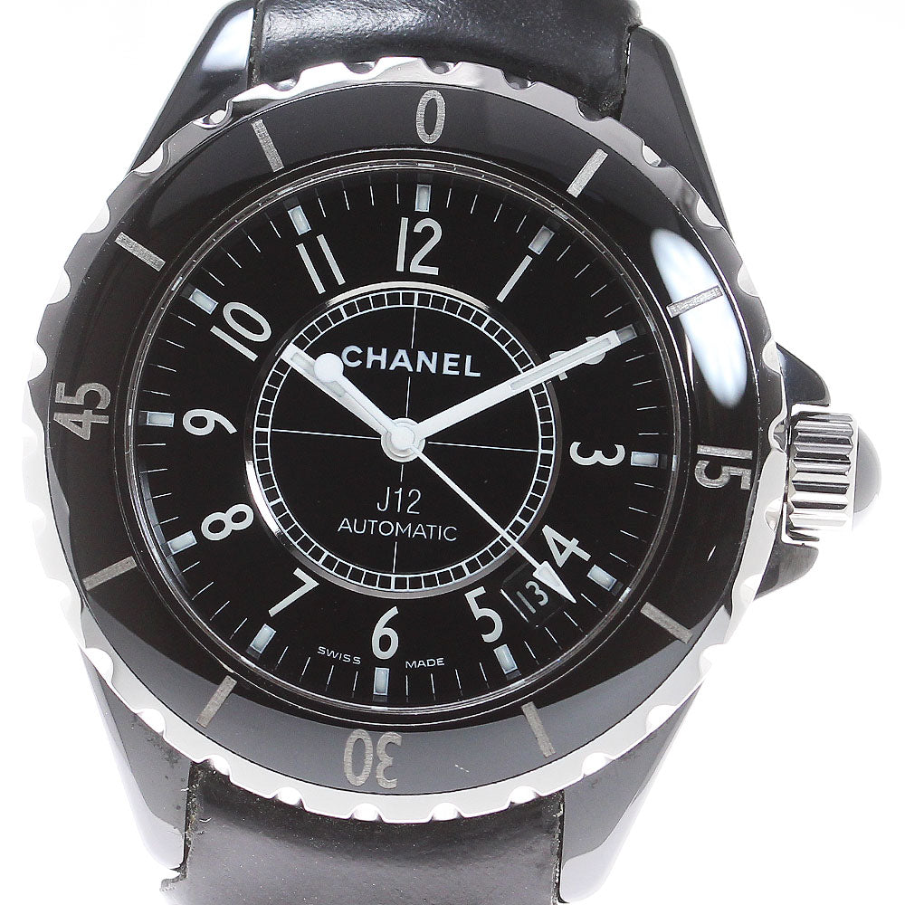 CHANEL J12 38MM H0683 Black ceramic Leather belt Automatic Men's Watch_838305