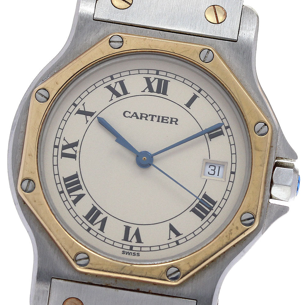 CARTIER Santos Octagon LM YG bezel date Beige Dial Quartz Men's Watch_840578