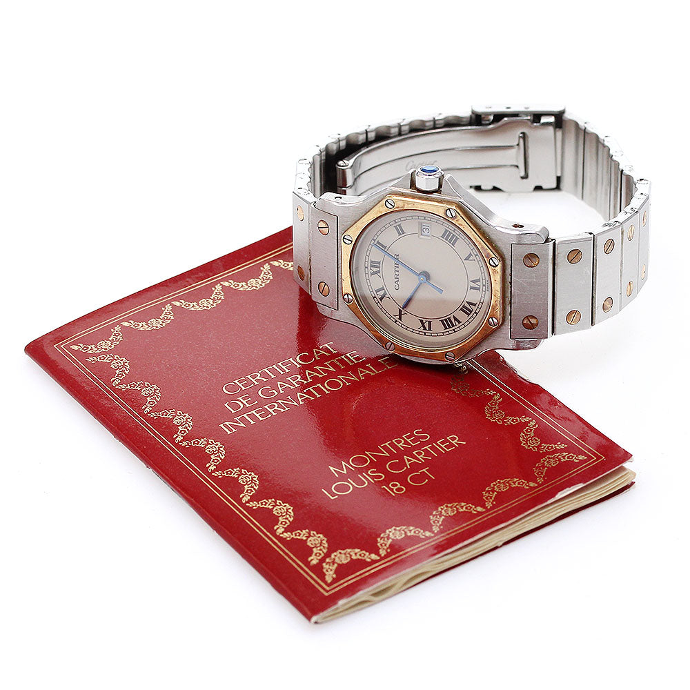 CARTIER Santos Octagon LM YG bezel date Beige Dial Quartz Men's Watch_840578
