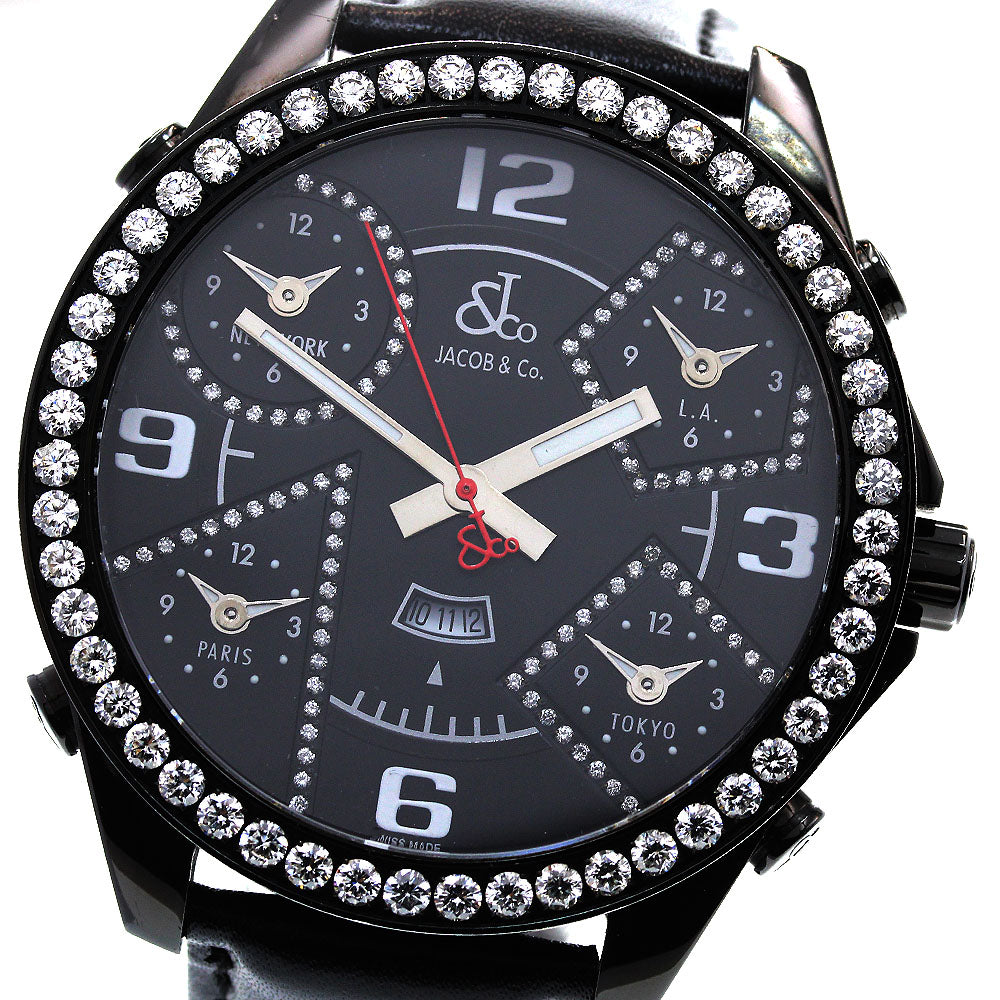 JACOB&CO 5 time zone Diamond bezel 1.9"" black Dial Quartz Men's Watch_841674