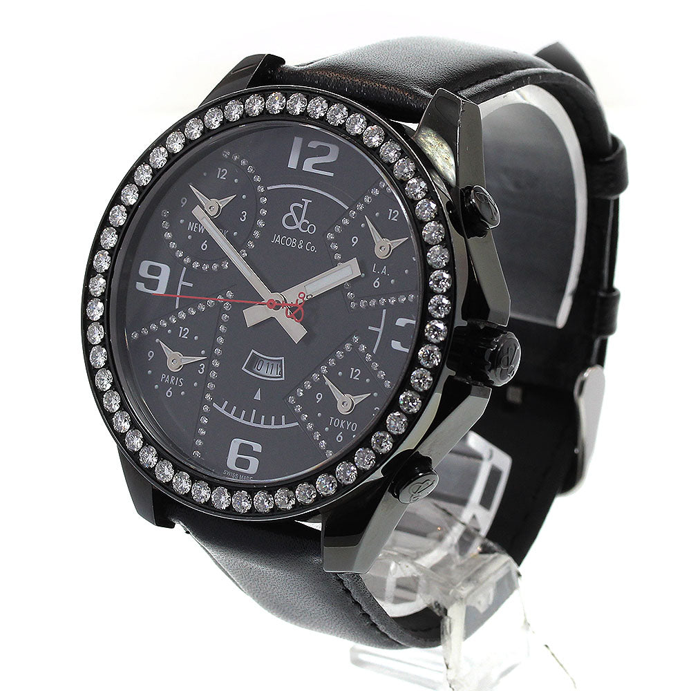 JACOB&CO 5 time zone Diamond bezel 1.9"" black Dial Quartz Men's Watch_841674