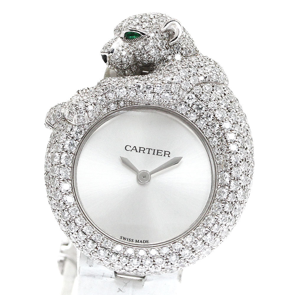CARTIER PANTHERELM Animal Motif Jewelry Watch HPI00341 K18WG Diamond Emerald Silver Dial Quartz Men's Watch_843666