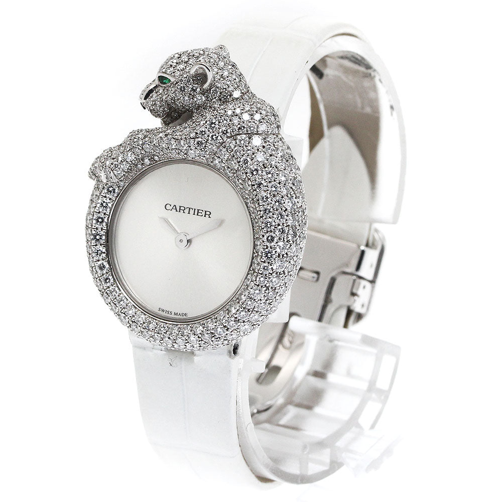 CARTIER PANTHERELM Animal Motif Jewelry Watch HPI00341 K18WG Diamond Emerald Silver Dial Quartz Men's Watch_843666