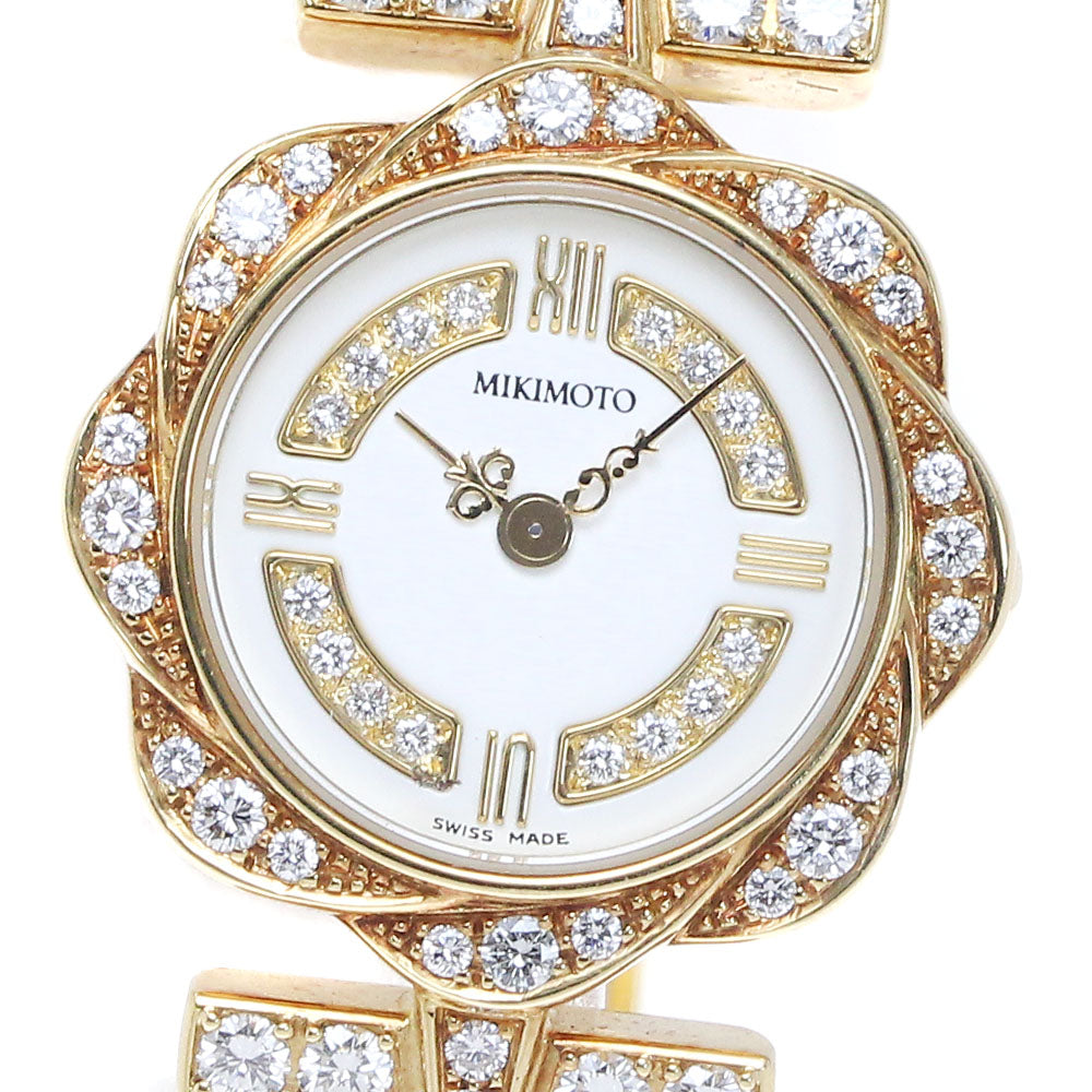 MIKIMOTO triple pearl watch K18YG diamond bezel white Dial Quartz Ladies_849985