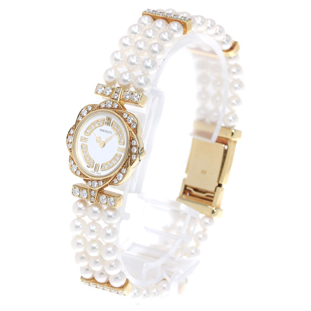 MIKIMOTO triple pearl watch K18YG diamond bezel white Dial Quartz Ladies_849985
