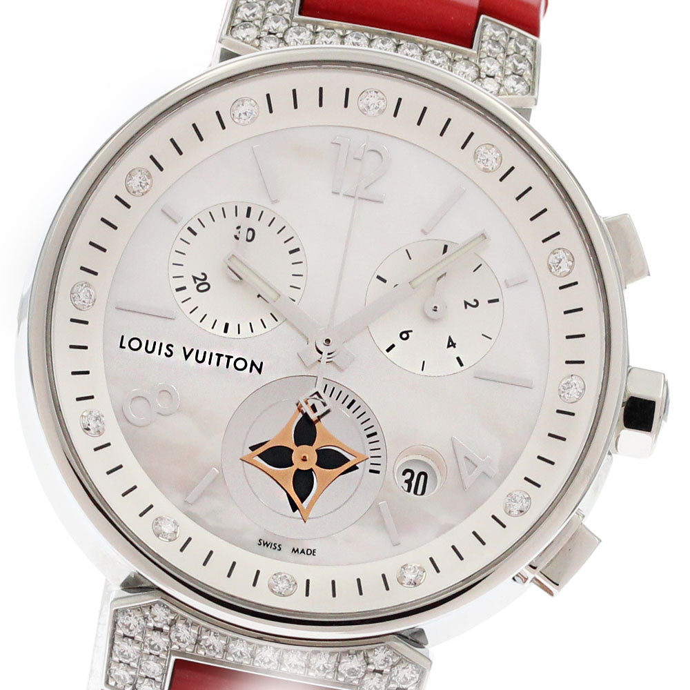 LOUIS VUITTON Tambour Moon Star MM Blanche Q8H00 12P lug diamond chronograph White shell Dial Quartz Boy's Watch_873119