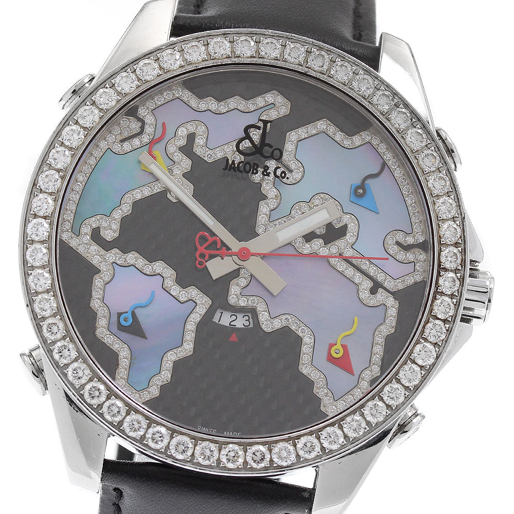 JACOB&CO Five time zone Diamond Bezel Black / shell Dial Quartz Men's Watch_874295