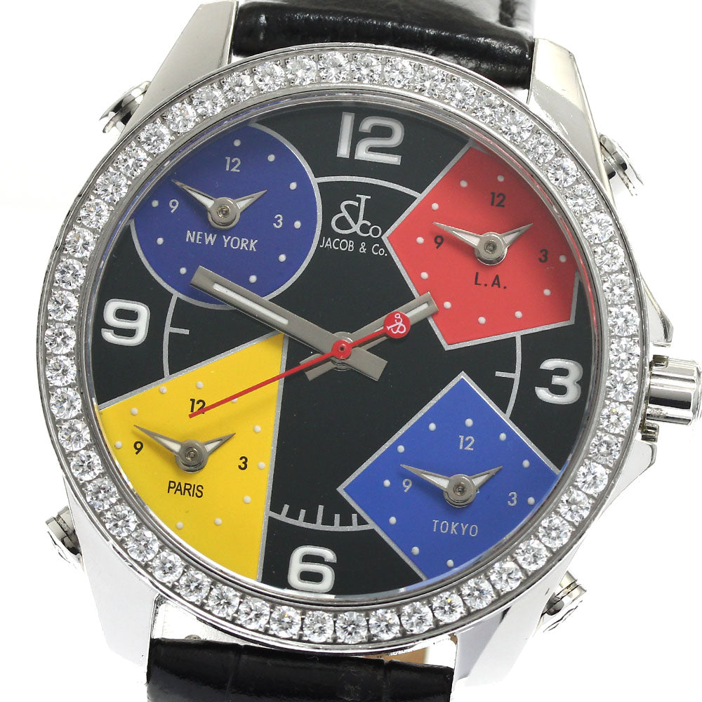 JACOB&CO Five time zone Diamond Bezel Black / multicolor Dial Quartz Men's Watch_875534