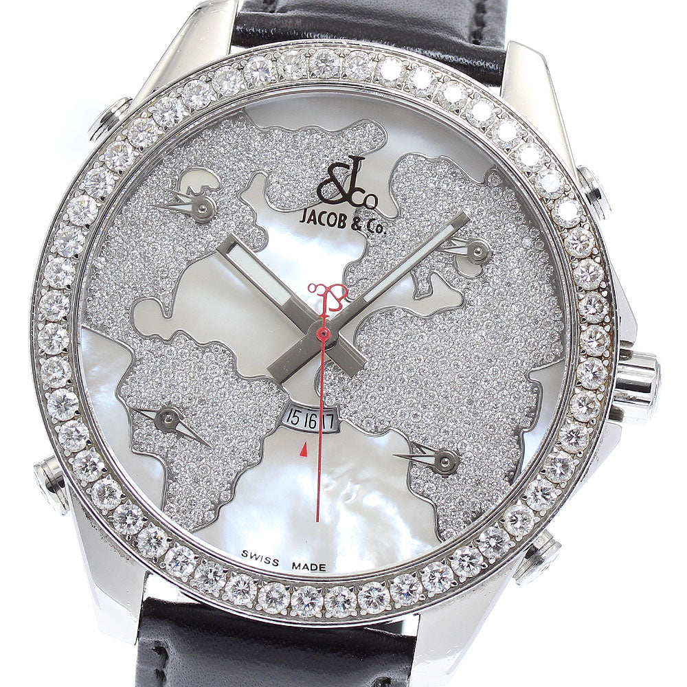 JACOB&CO Five time zone date diamond bezel White shell Dial Quartz Men's Watch_875675