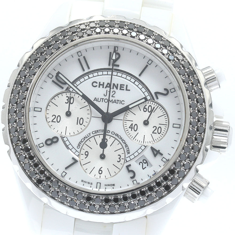 CHANEL J12 H1664 White Ceramic Black Diamond Bezel Chronograph AT Men's_883543