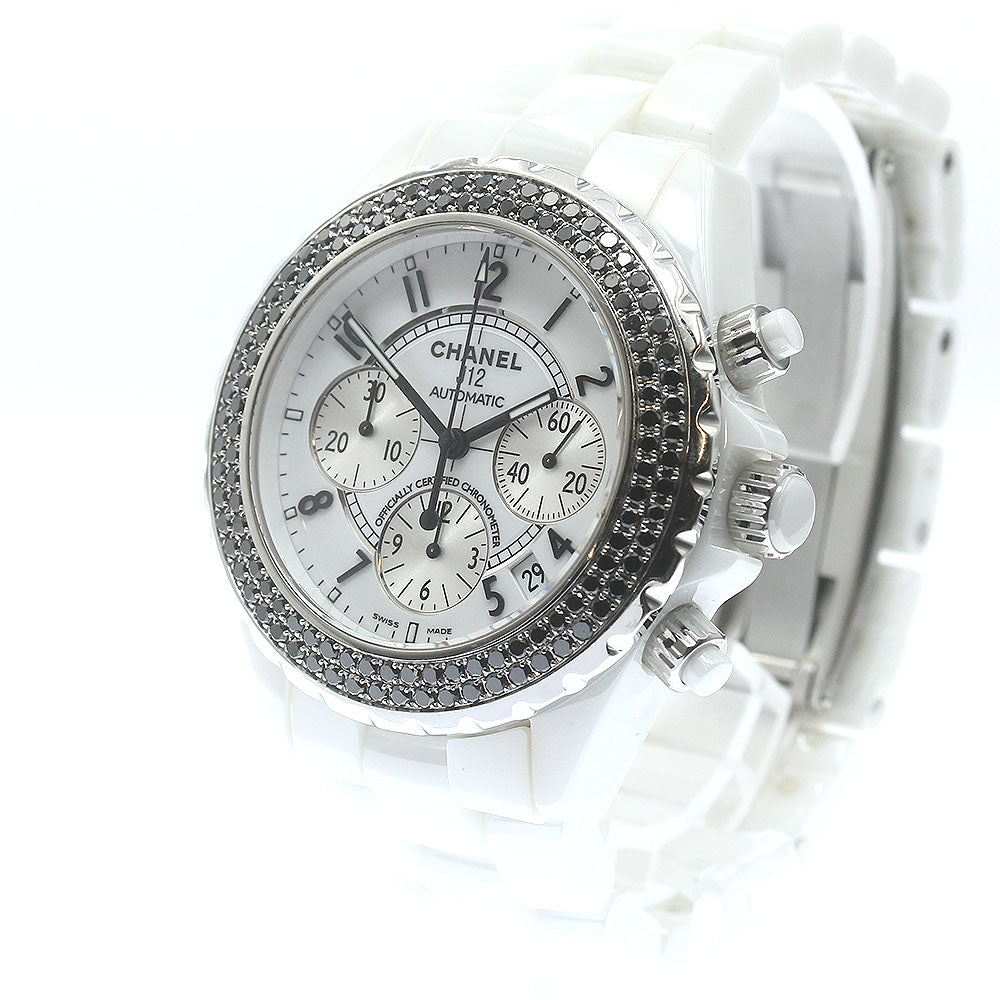 CHANEL J12 H1664 White Ceramic Black Diamond Bezel Chronograph AT Men's_883543