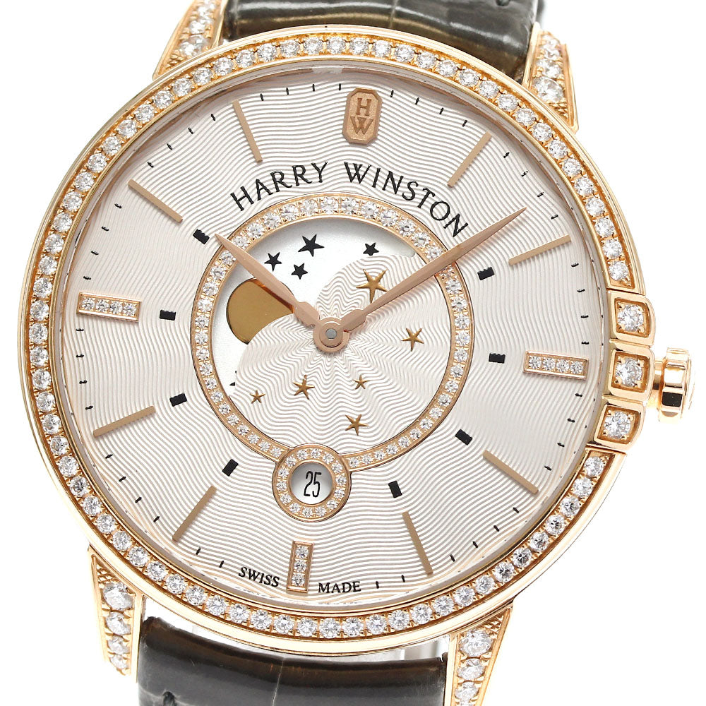 HARRY WINSTON Midnight Moon Phase MIDQMP39RR002 K18PG diamond bezel Silver Dial Quartz Men's Watch_890930