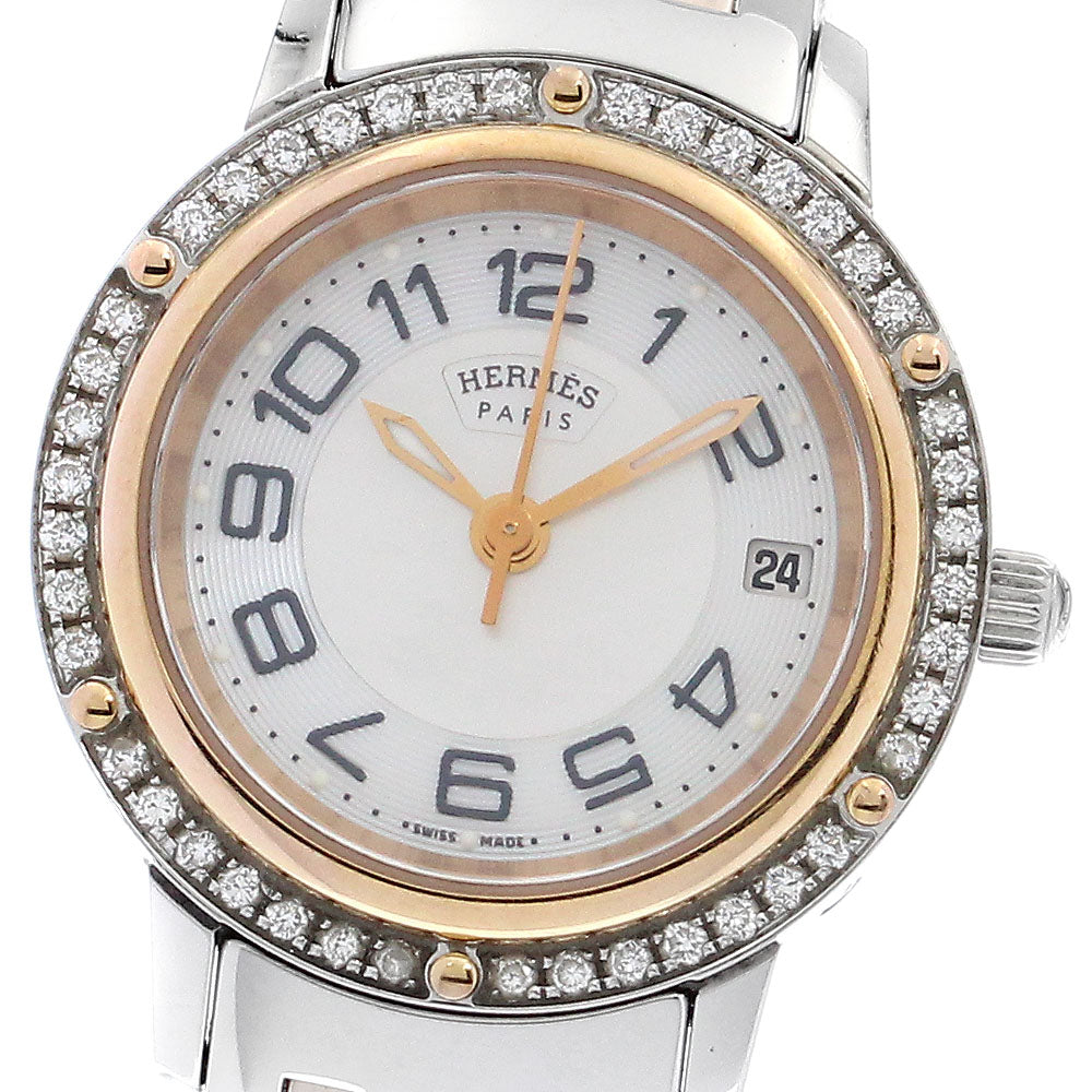 HERMES Clipper CP1.222 Diamond Bezel White shell Dial Quartz Ladies Watch_890981