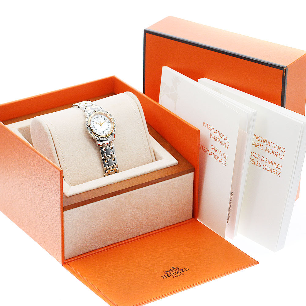 HERMES Clipper CP1.222 Diamond Bezel White shell Dial Quartz Ladies Watch_890981