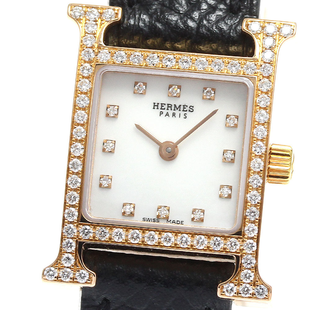 HERMES H watch mini HH1.171 K18PG 12P diamond bezel White shell Dial Quartz Ladies Watch_891952