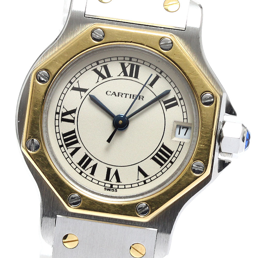 CARTIER Santos Octagon SM W2001683 Date Beige Dial Quartz Ladies Watch_893040
