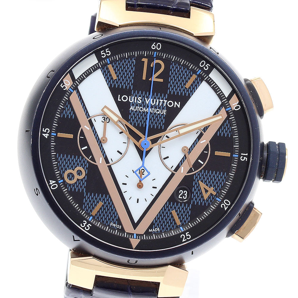 LOUIS VUITTON Tambour Damier Cobalt QA090 Chronograph Navy Dial Automatic Men's Watch_894036