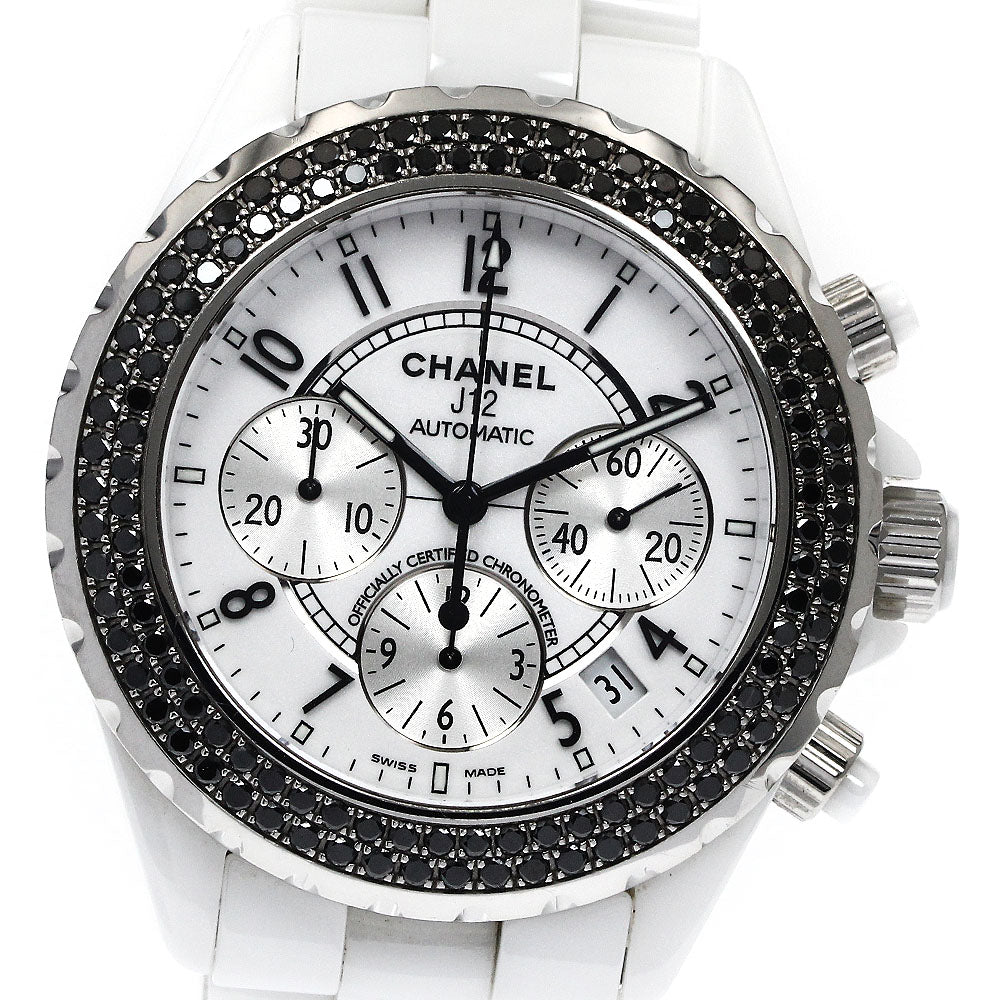 CHANEL J12 H1664 White Ceramic Black Diamond Bezel Chronograph AT Men's_894155