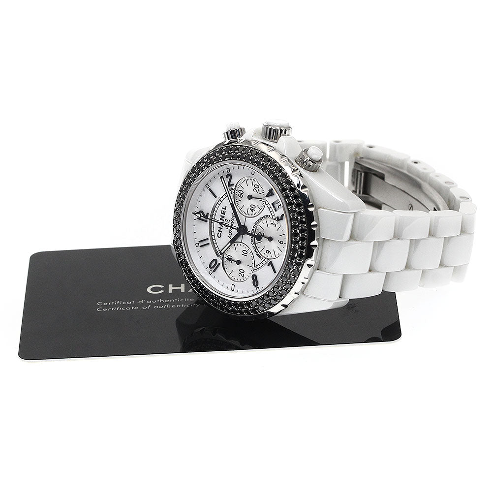 CHANEL J12 H1664 White Ceramic Black Diamond Bezel Chronograph AT Men's_894155