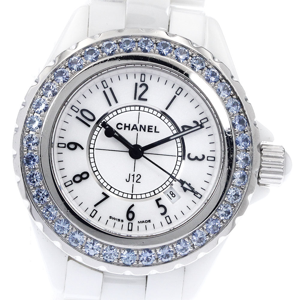 CHANEL J12 white ceramic H1179 blue sapphire bezel Quartz Ladies_896962