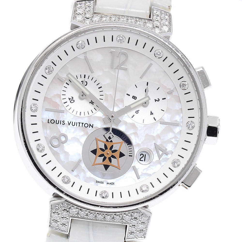 LOUIS VUITTON Tambour Moon Star MM Blanche Q8H00 12P lug diamond chronograph White shell Dial Quartz Boy's Watch_898892
