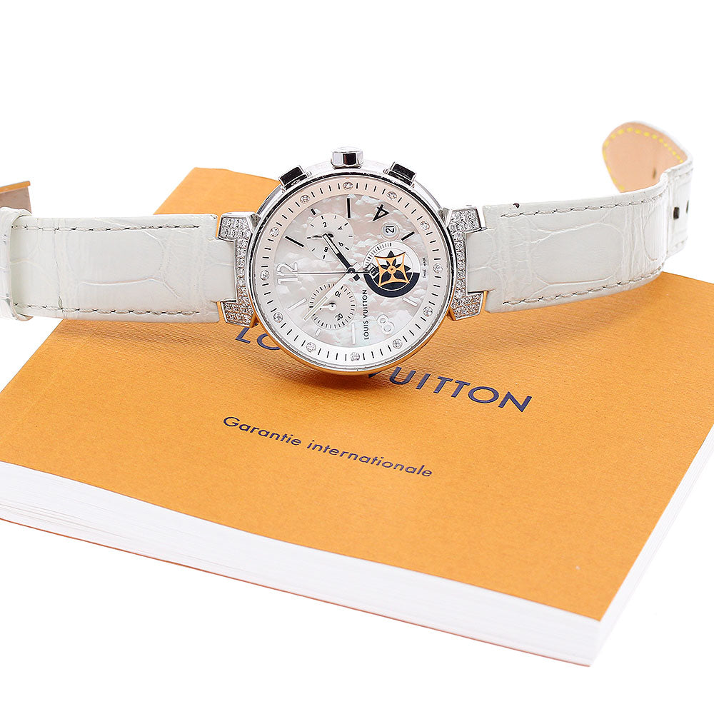 LOUIS VUITTON Tambour Moon Star MM Blanche Q8H00 12P lug diamond chronograph White shell Dial Quartz Boy's Watch_898892