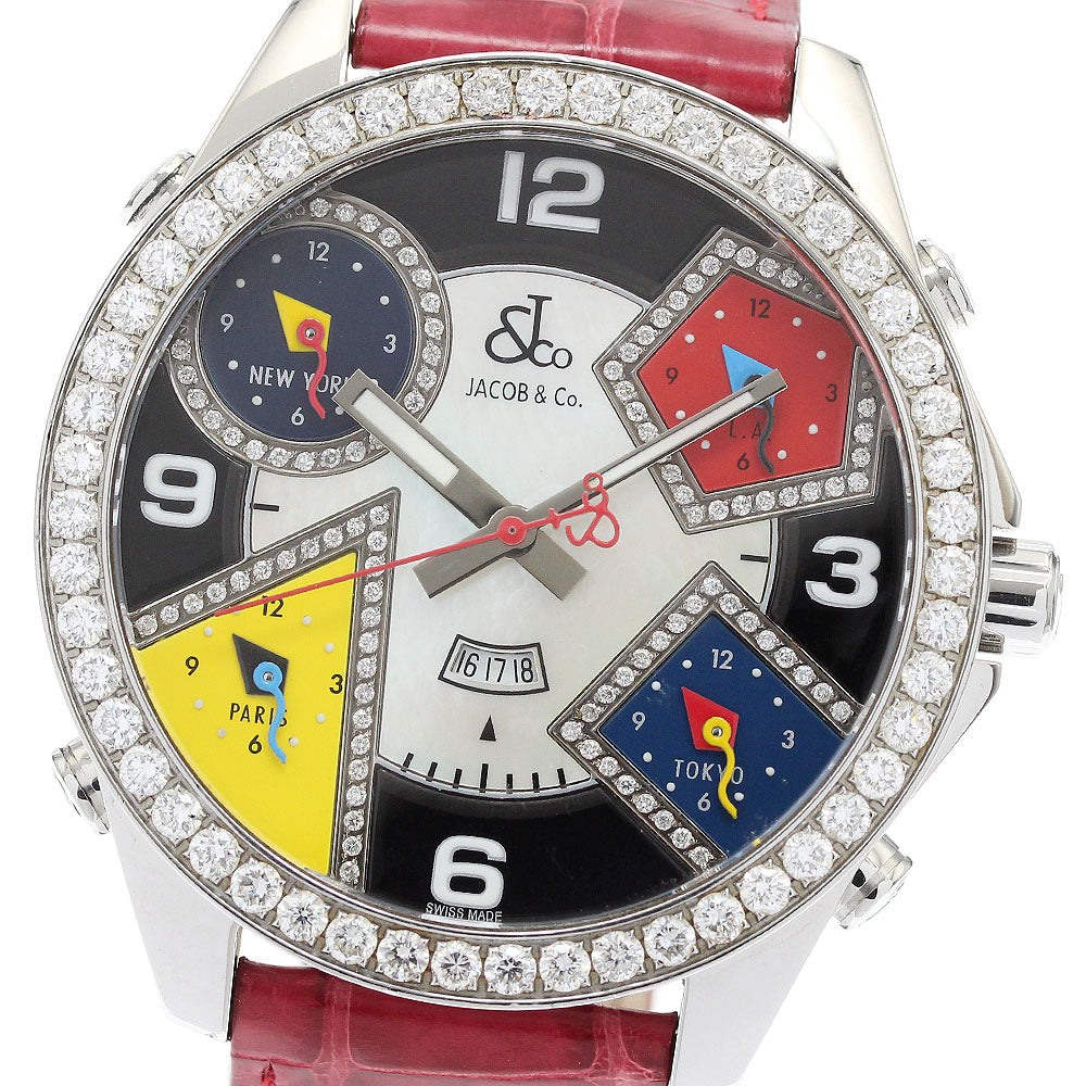 JACOB&CO 5 time zone Diamond Bezel White shell Quartz Men's Watch_900449