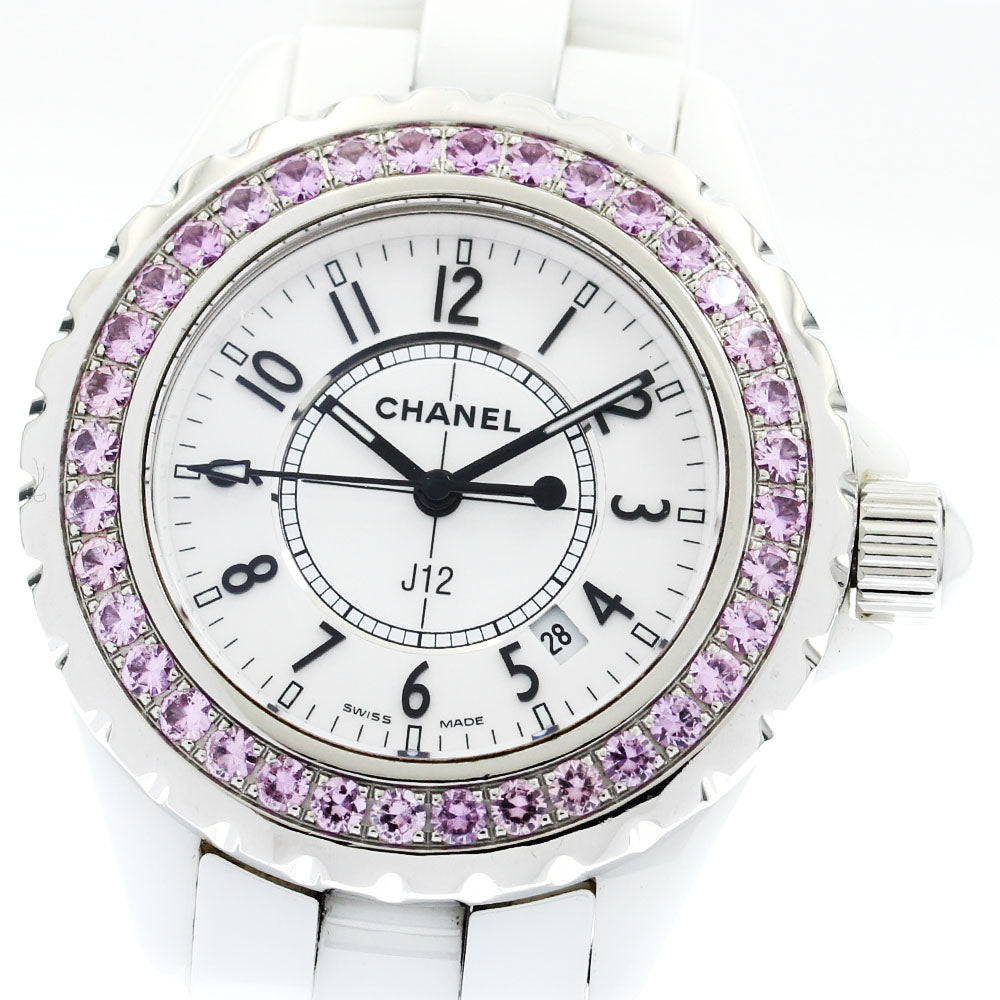 CHANEL J12 H1181 Pink Sapphire Bezel white Dial Quartz Ladies Watch_903320