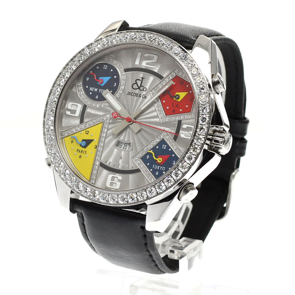JACOB&CO 5 time zone Diamond Bezel Silver Dial Quartz Men's Watch_904461