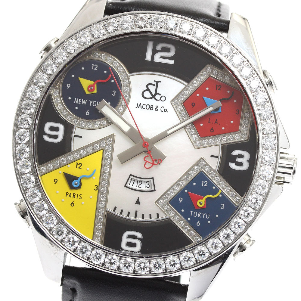 JACOB&CO 5 Time Zones 47mm Diamond Bezel White shell / black Dial Quartz Men's Watch_904468