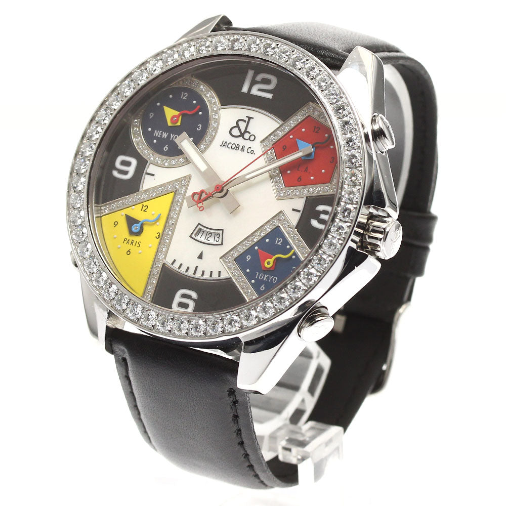 JACOB&CO 5 Time Zones 47mm Diamond Bezel White shell / black Dial Quartz Men's Watch_904468