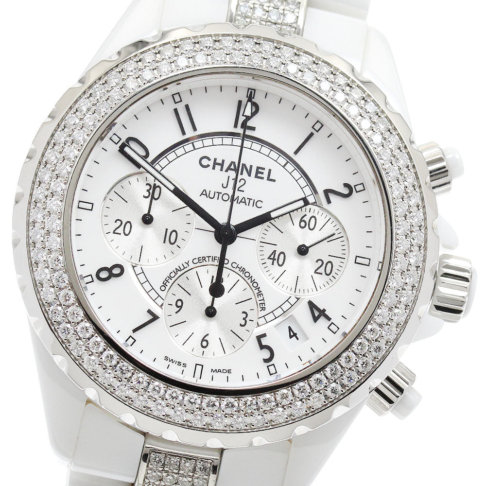 CHANEL J12 white ceramic H1007 After-Diamond Chronograph White / Silver Dial Automatic Men's Watch_904759
