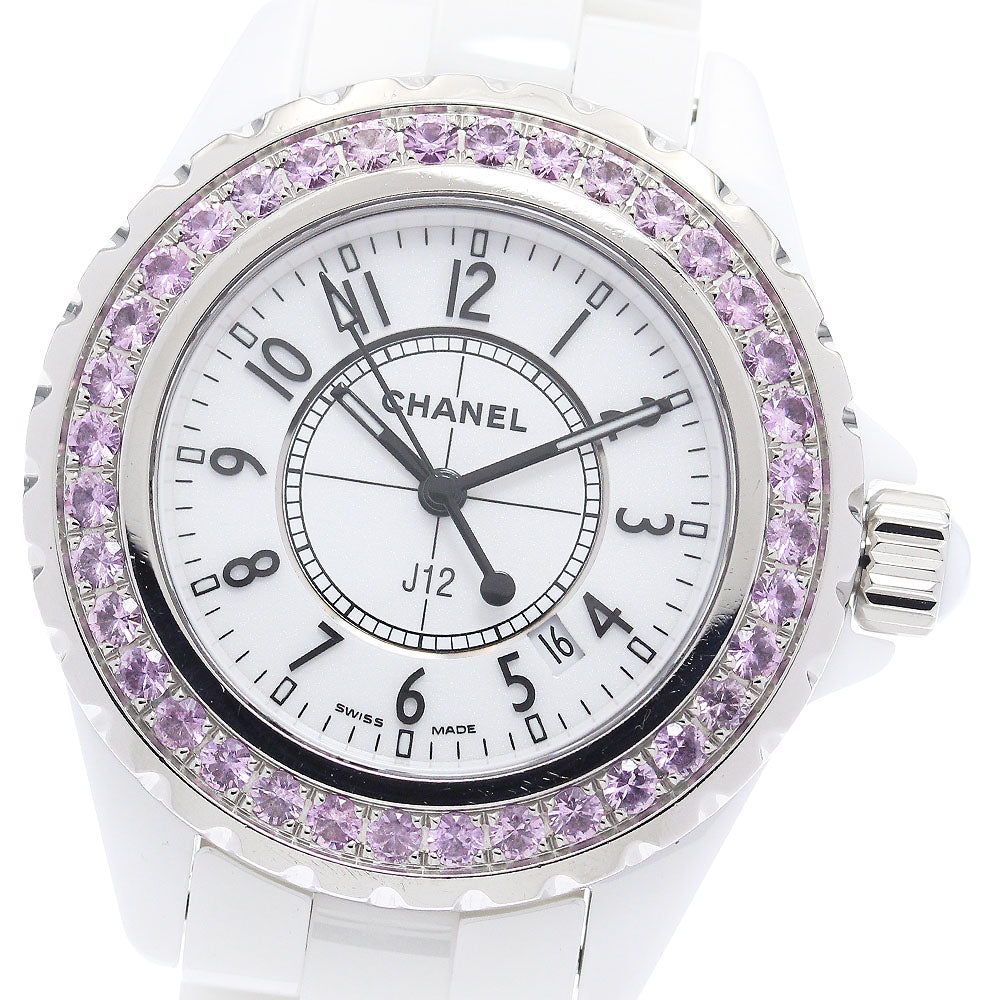 CHANEL J12 H1181 Pink Sapphire Bezel white Dial Quartz Ladies Watch_908393