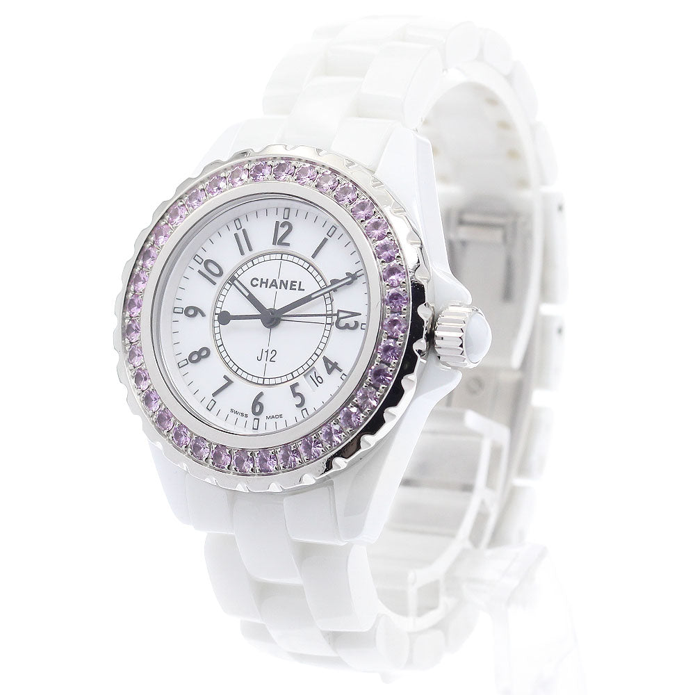 CHANEL J12 H1181 Pink Sapphire Bezel white Dial Quartz Ladies Watch_908393