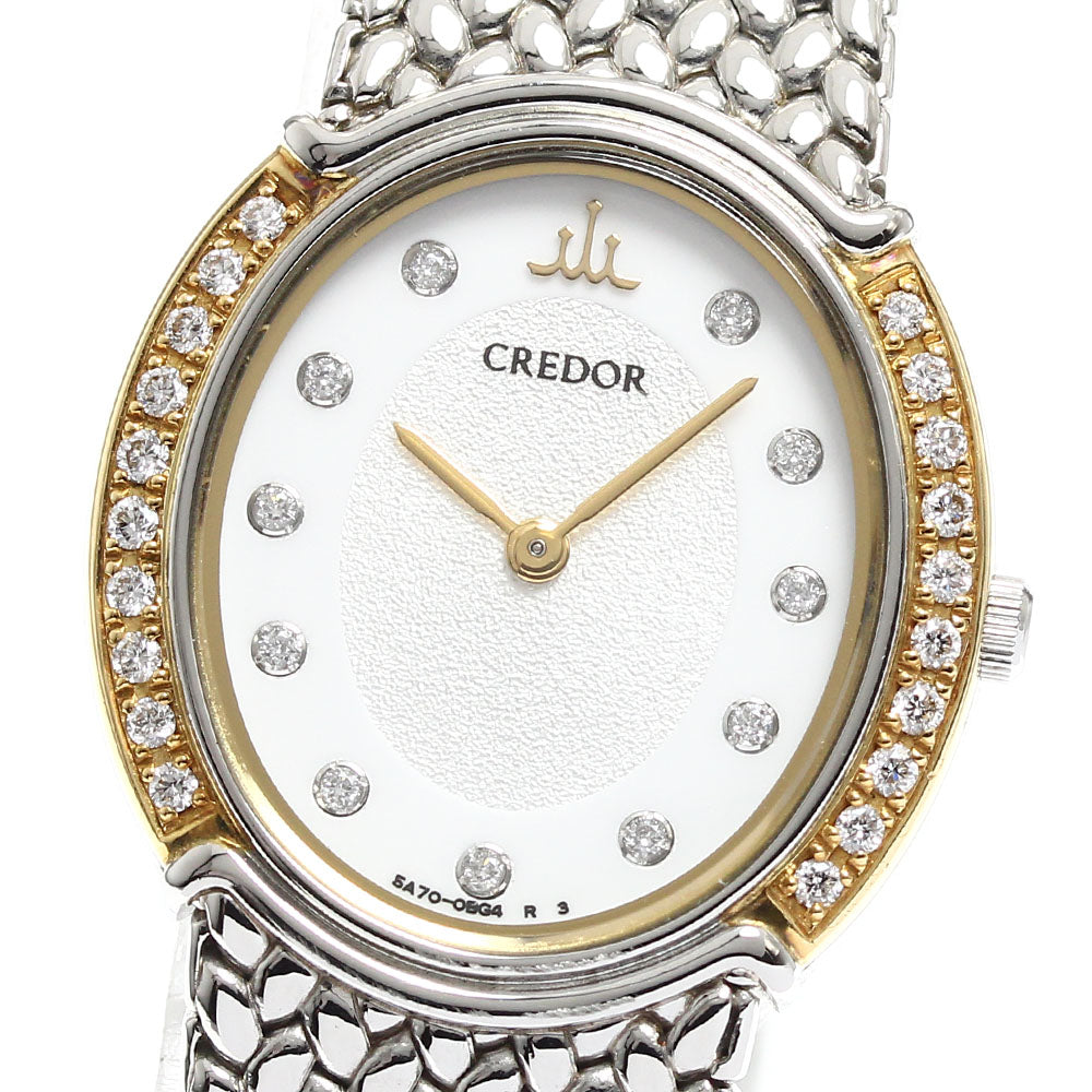SEIKO CREDOR oval 5A70-0AT0/GSWE946 Diamond bezel 11P diamond Silver Dial Quartz Ladies Watch_910923