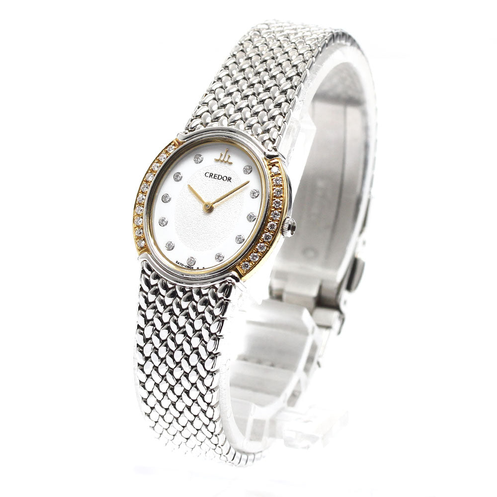 SEIKO CREDOR oval 5A70-0AT0/GSWE946 Diamond bezel 11P diamond Silver Dial Quartz Ladies Watch_910923