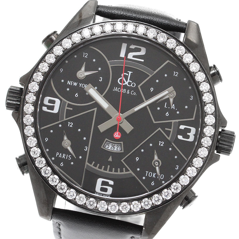 JACOB&CO 6 time zone diamond bezel date black Dial Quartz Men's Watch_911315