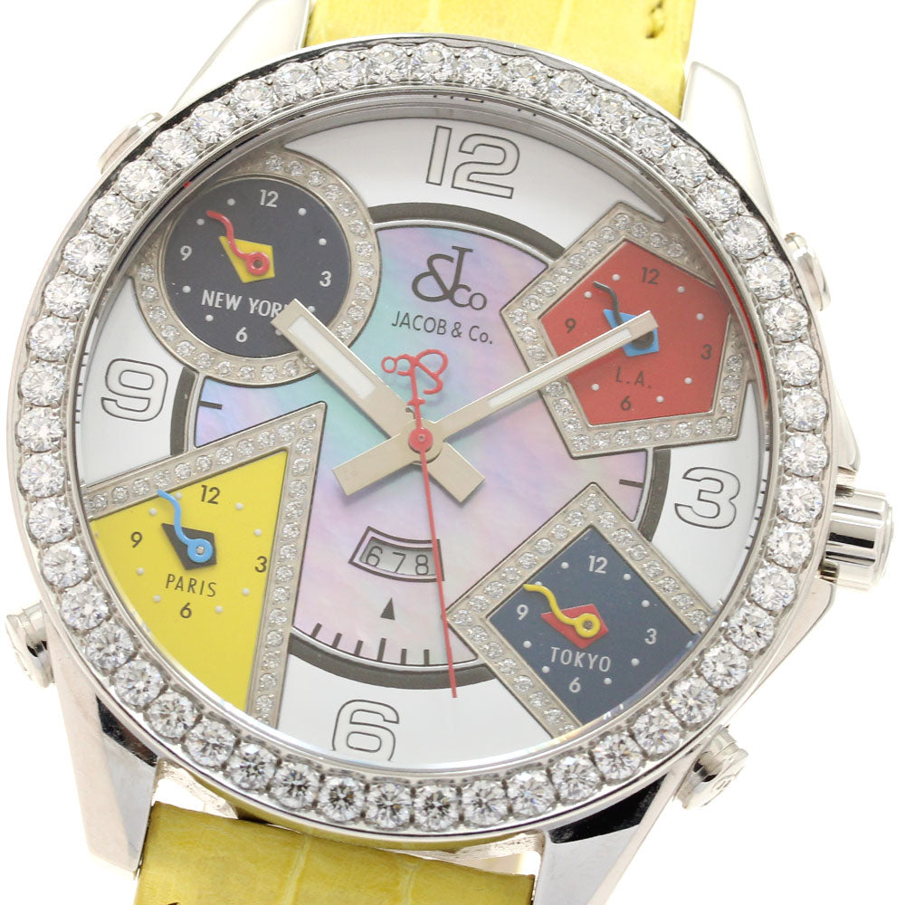 JACOB&CO 5 time zone Diamond Bezel Blue Shell/White Dial Quartz Men's Watch_912046